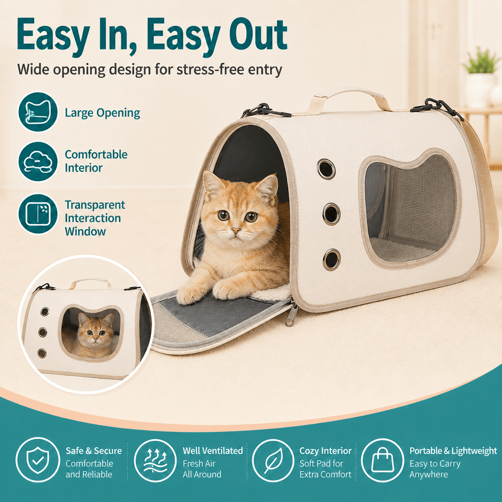 Pet Carrier Bag with Side Opening for Cats and Dogs, Soft-Sided Breathable Travel Tote for Handheld and Shoulder Carry, Off-White, Orange or Pink