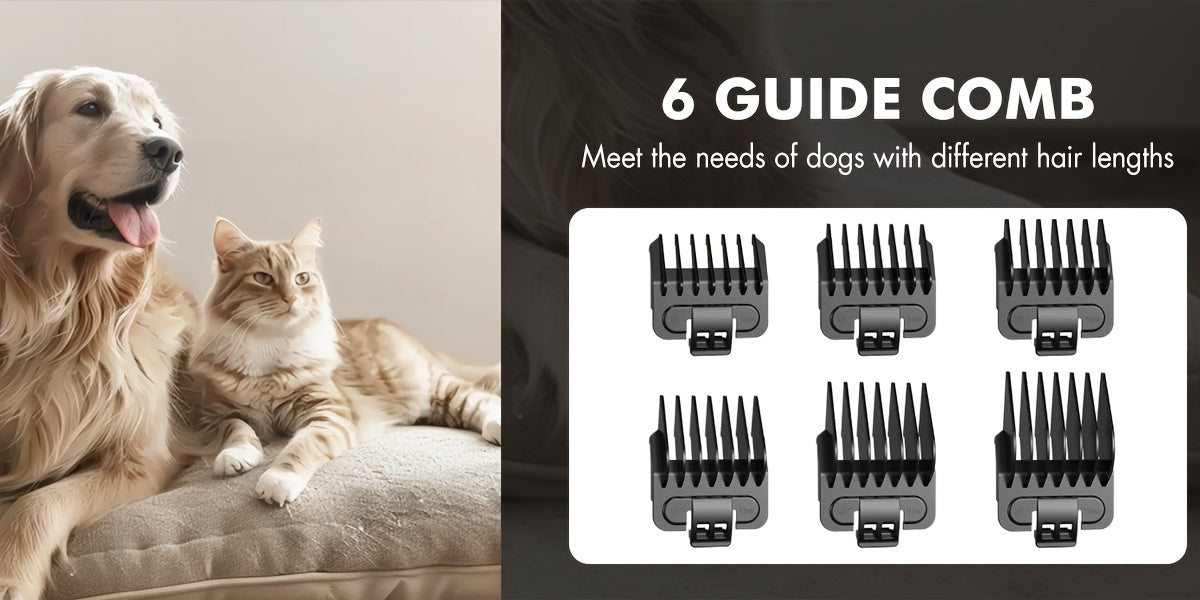 3-Speed Dog Clippers with LED Display and Auxiliary Light, Cordless Rechargeable Pet Grooming Kit with Six Guide Combs for Dogs and Cats
