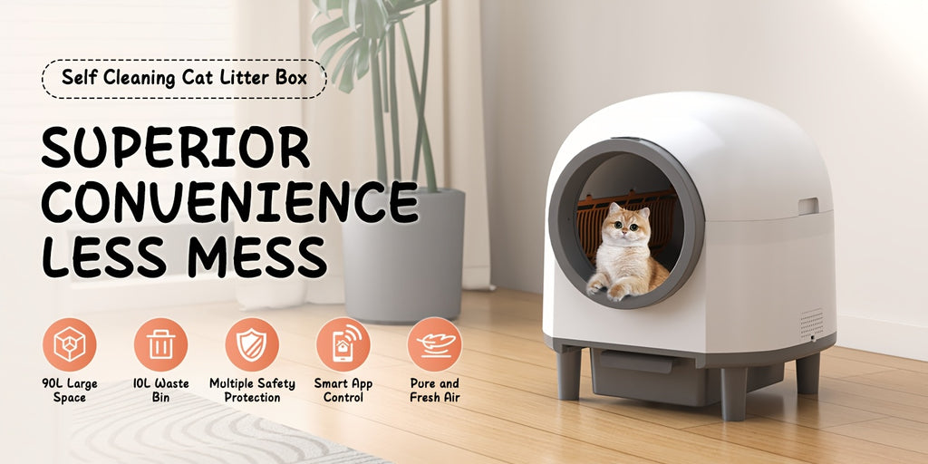 Self Cleaning Litter Box with 90L Interior and 10L Waste Drawer, App-Controlled White Automatic Cat Toilet with Entry Step and Litter Mat