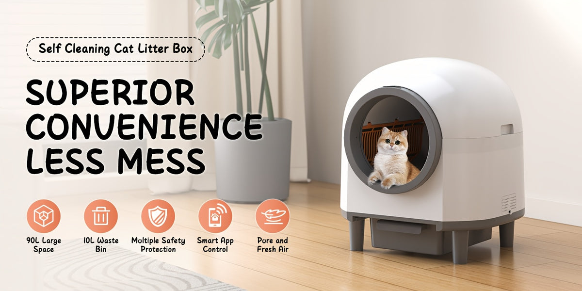 Self Cleaning Litter Box with 90L Interior and 10L Waste Drawer, App-Controlled White Automatic Cat Toilet with Entry Step and Litter Mat
