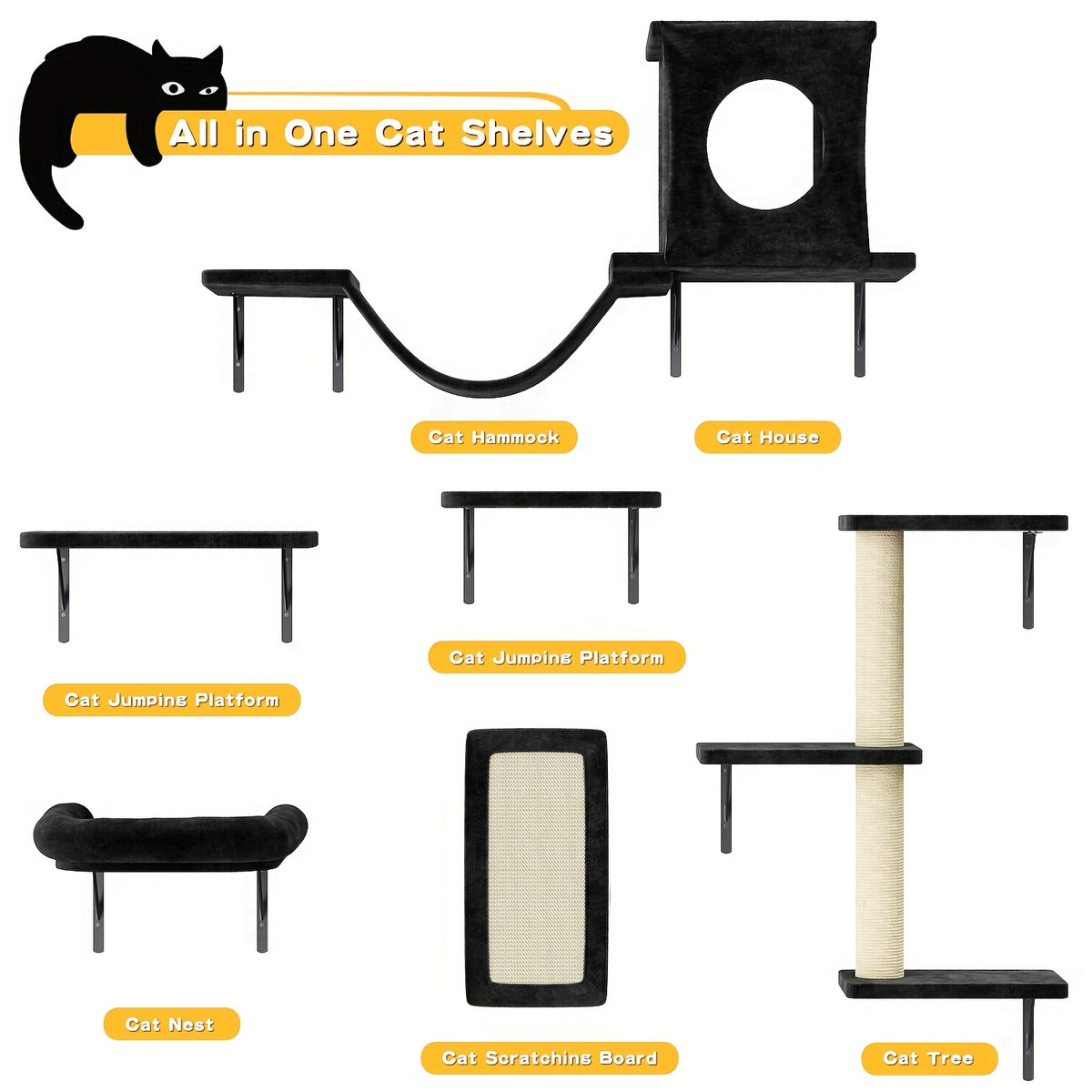 Cat Wall Climbing Shelves with Condo, 6-Piece Wall-Mounted Furniture Set with Scratching Post, Bridge Ladder and Board for Small and Medium Indoor Cats