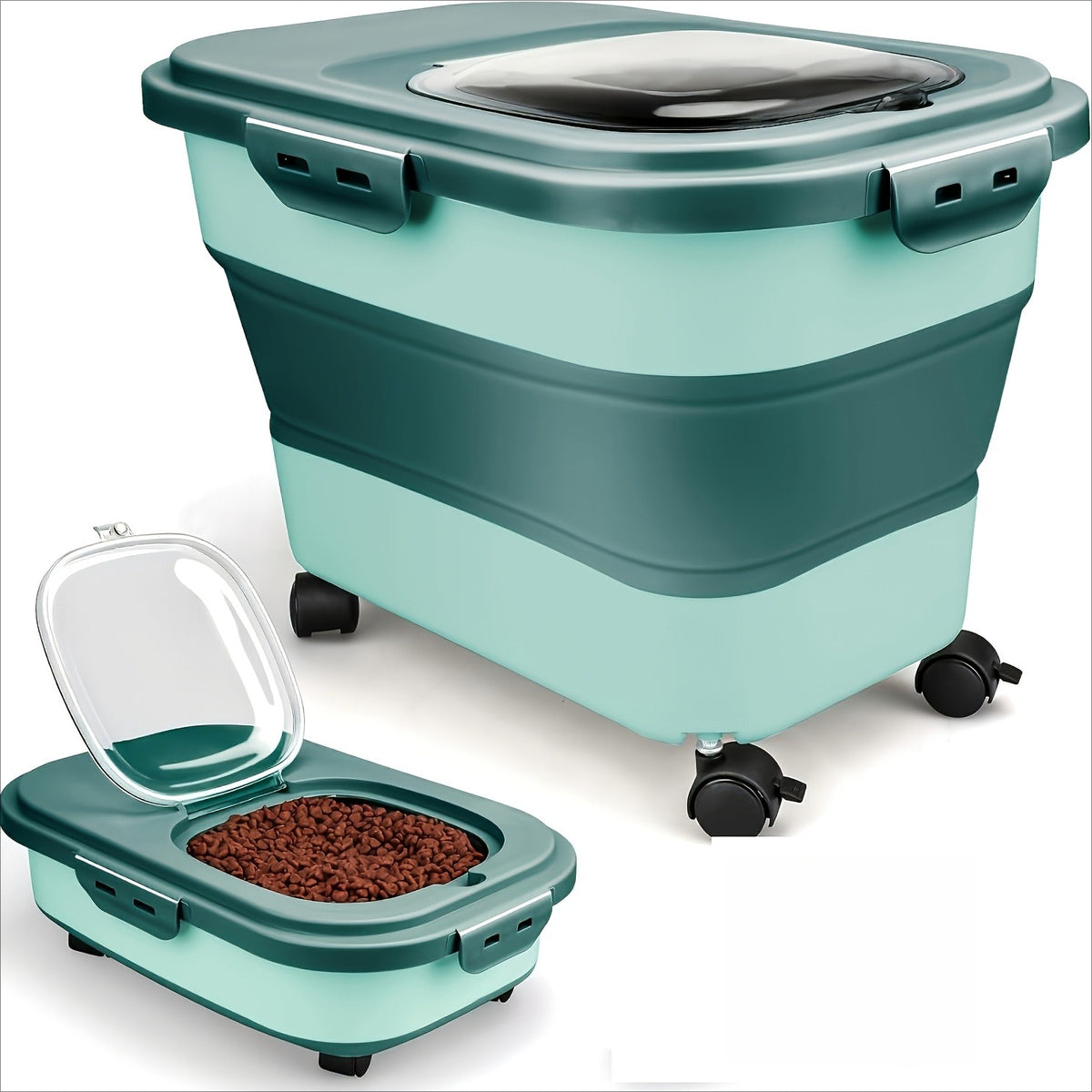 Collapsible Pet Food Storage Container with Airtight Lid and Wheels, 5-30 lb Foldable Dog and Cat Kibble Bin for Kitchen Pantry Organization