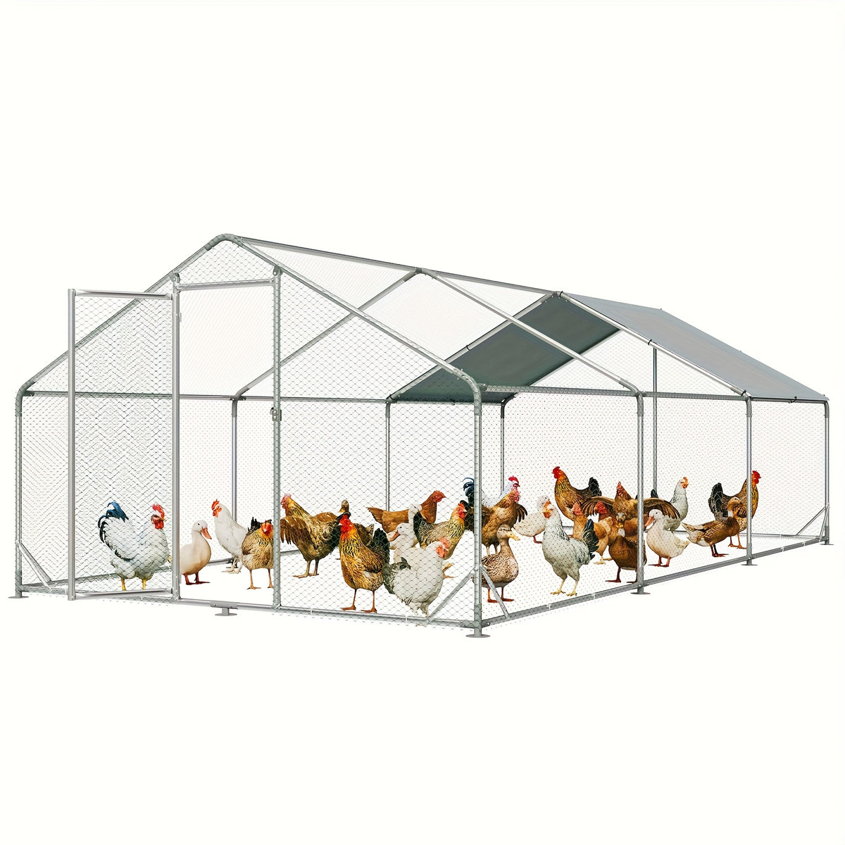 Chicken Coop with Winter Wrap Cover, Walk-In Galvanized Metal Poultry Run with Lockable Door for Backyard Hens and Ducks, White Size Options