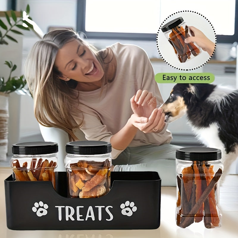 Dog Treat Canister Set with 3 Airtight Plastic Jars and Black Farmhouse Holder, Pet Snack Storage for Cat and Dog Feeding Area Organization