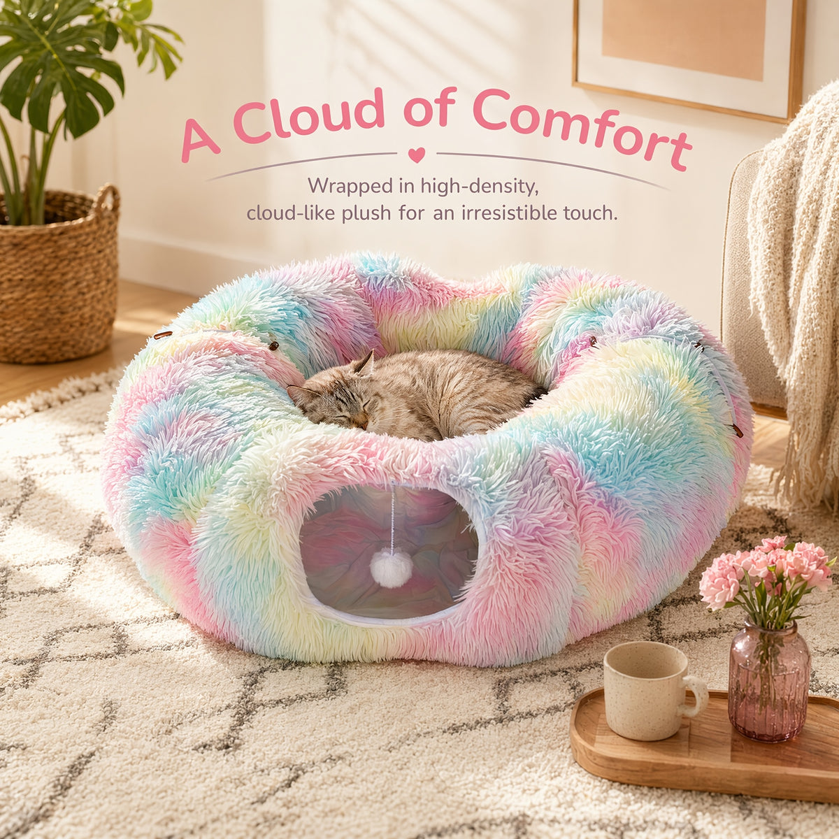 Plush Cat Tunnel Bed for Indoor Cats, 2-in-1 Foldable Donut Hideaway with Removable Washable Mat and Hanging Toy Ball, Four Color Options