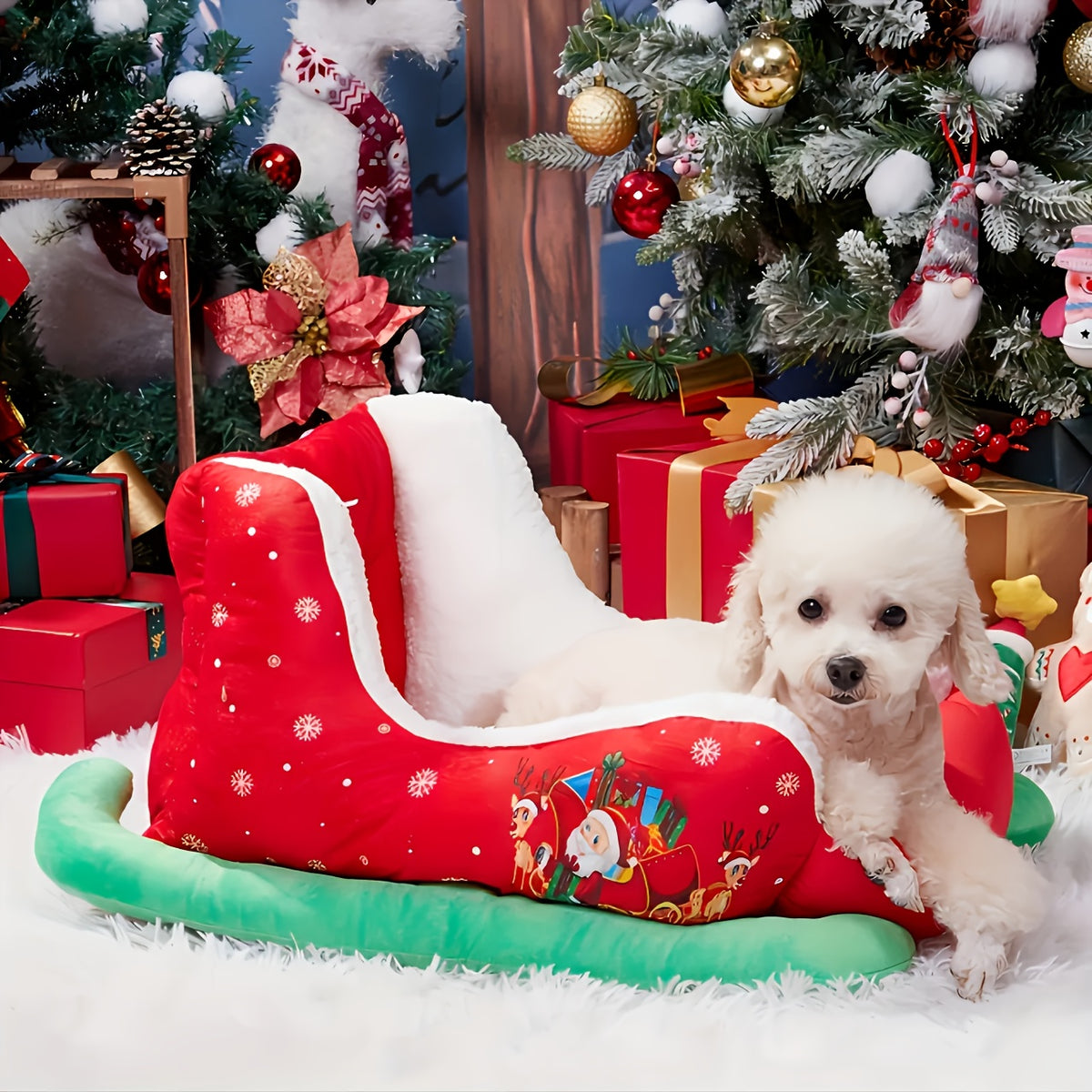 Christmas Pet Bed with Sled Nest or Separate Mat Options, Soft Holiday Sleeping Spot for Small to Medium Dogs and Cats, Festive Pet Lover Gift