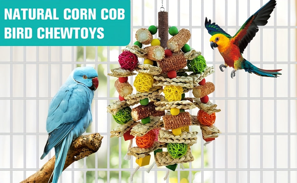 Bird Chew Toys with Natural Corn Cobs, Wooden Blocks and Rattan Balls for Parrot Enrichment, Supervised Cage and Aviary Play, 400g Option