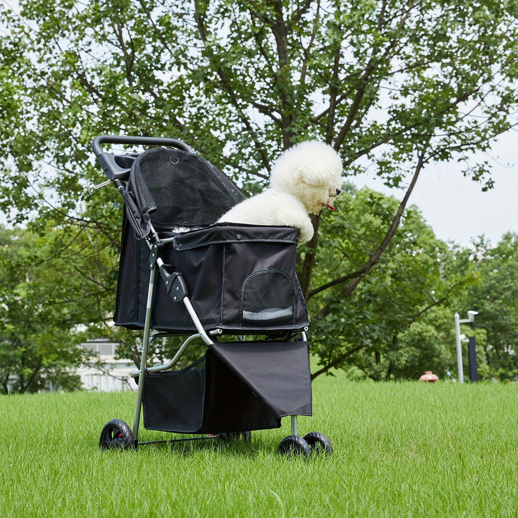 Pet Stroller with Swivel Front Wheel, Three-Wheel Foldable Dog and Cat Pushchair with Mesh Canopy, Storage Basket, Cup Holder and Weather Cover