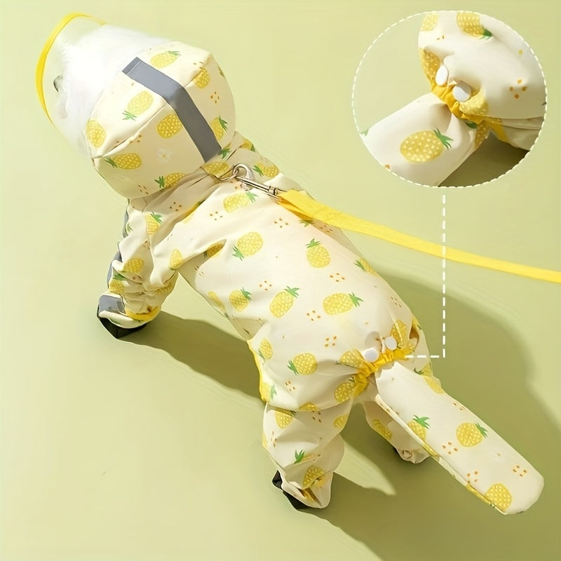 Dog Raincoat with Four-Leg Coverage, Reflective Strip, Extended Brim & Snap Closure for Rainy Walks, Pink Strawberry or Yellow Pineapple