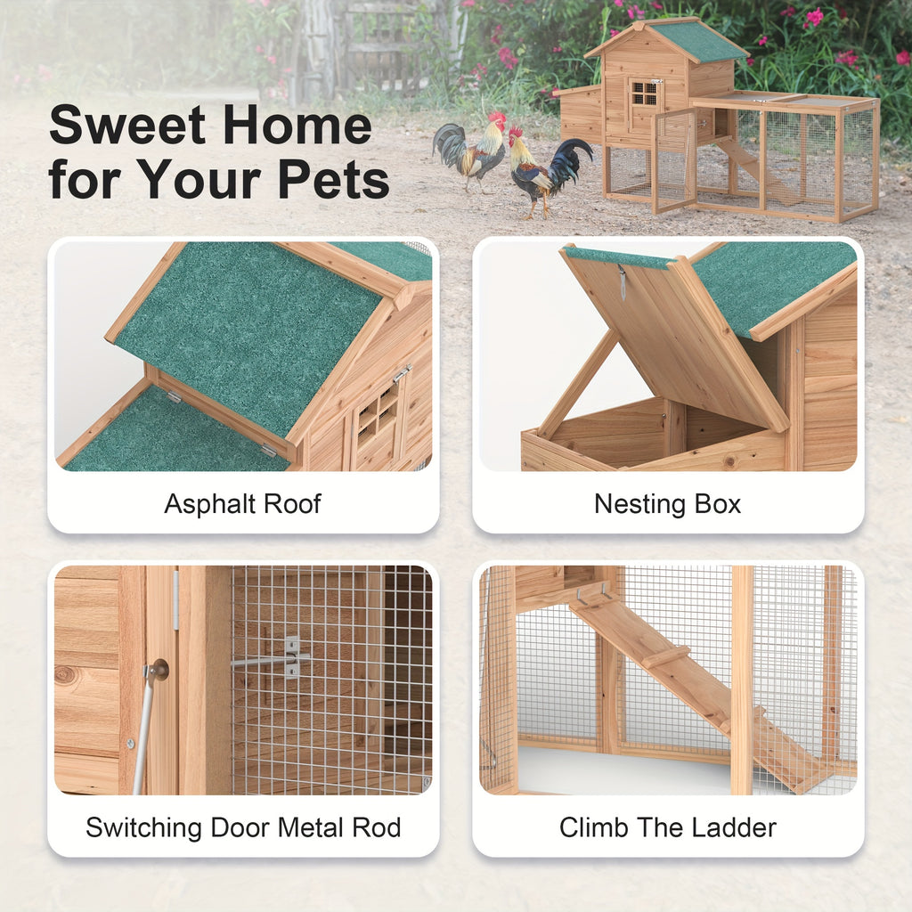 Wooden Chicken Coop with Run and Nesting Box, 80.7 Inch Fir Wood Outdoor Hen House with Ramp, Removable Cleaning Tray and Green Asphalt Roof
