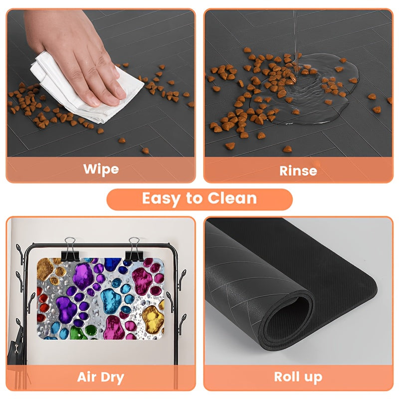 Absorbent Pet Feeding Mat with Colorful Paw Pattern, Quick-Drying Non-Slip Food and Water Bowl Pad for Dogs, Cats and Multi-Pet Homes