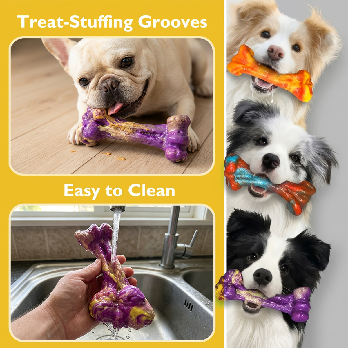 Beef-Scented Dog Chew Toys 3-Pack, Textured Bone-Shaped Chewing Toys for Medium and Large Dogs, Purple Red Orange Supervised Play Set