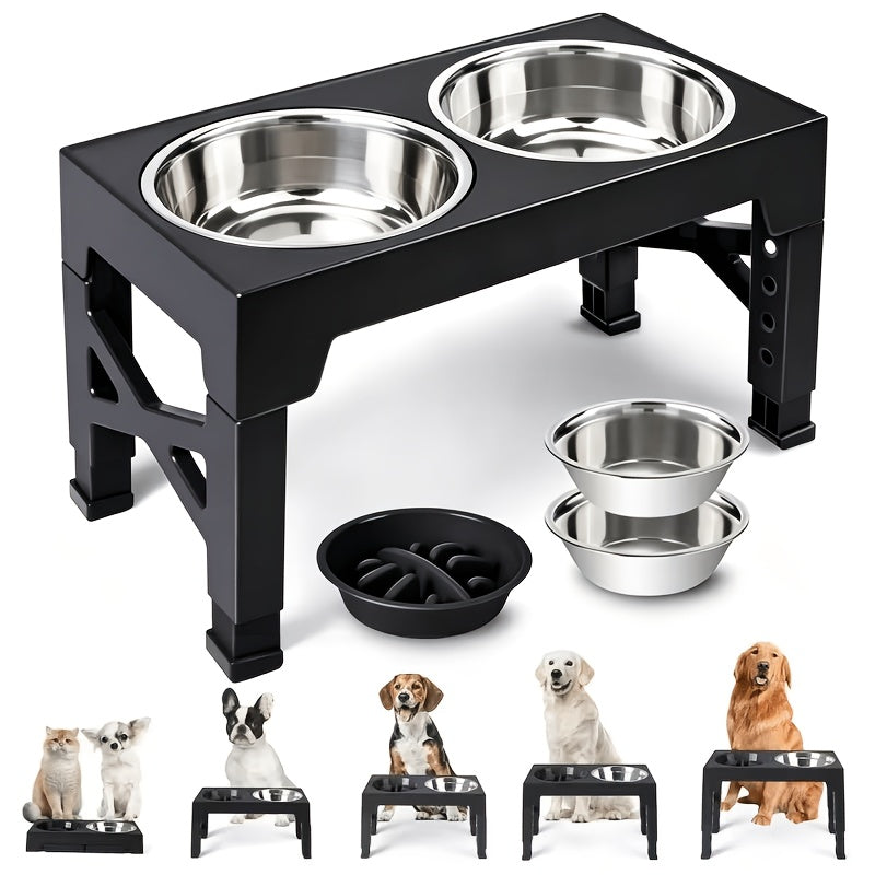 Adjustable Raised Dog Bowl Set with 5 Height Settings, 2 Stainless Steel Bowls and 1 Slow Feeder for Small to Large Dogs, Black or Gray