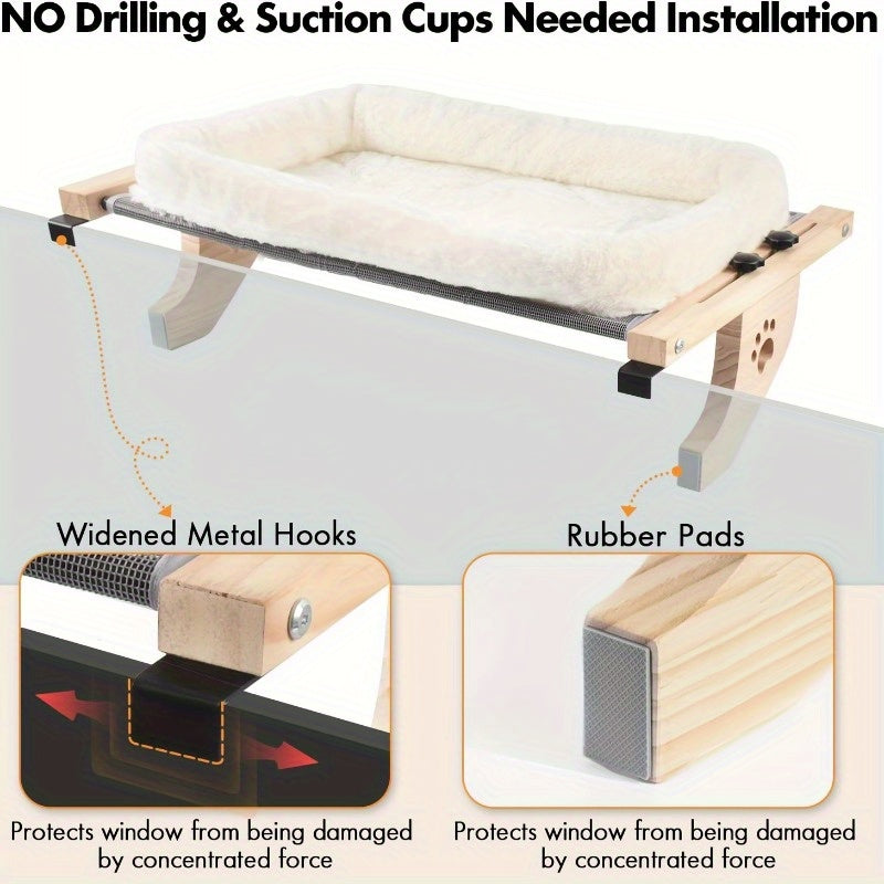 Wood Frame Cat Window Perch, Adjustable Hanging Indoor Cat Bed for Compatible Windowsills, Bedsides, Drawers and Shelves, Space-Saving Lounging Spot