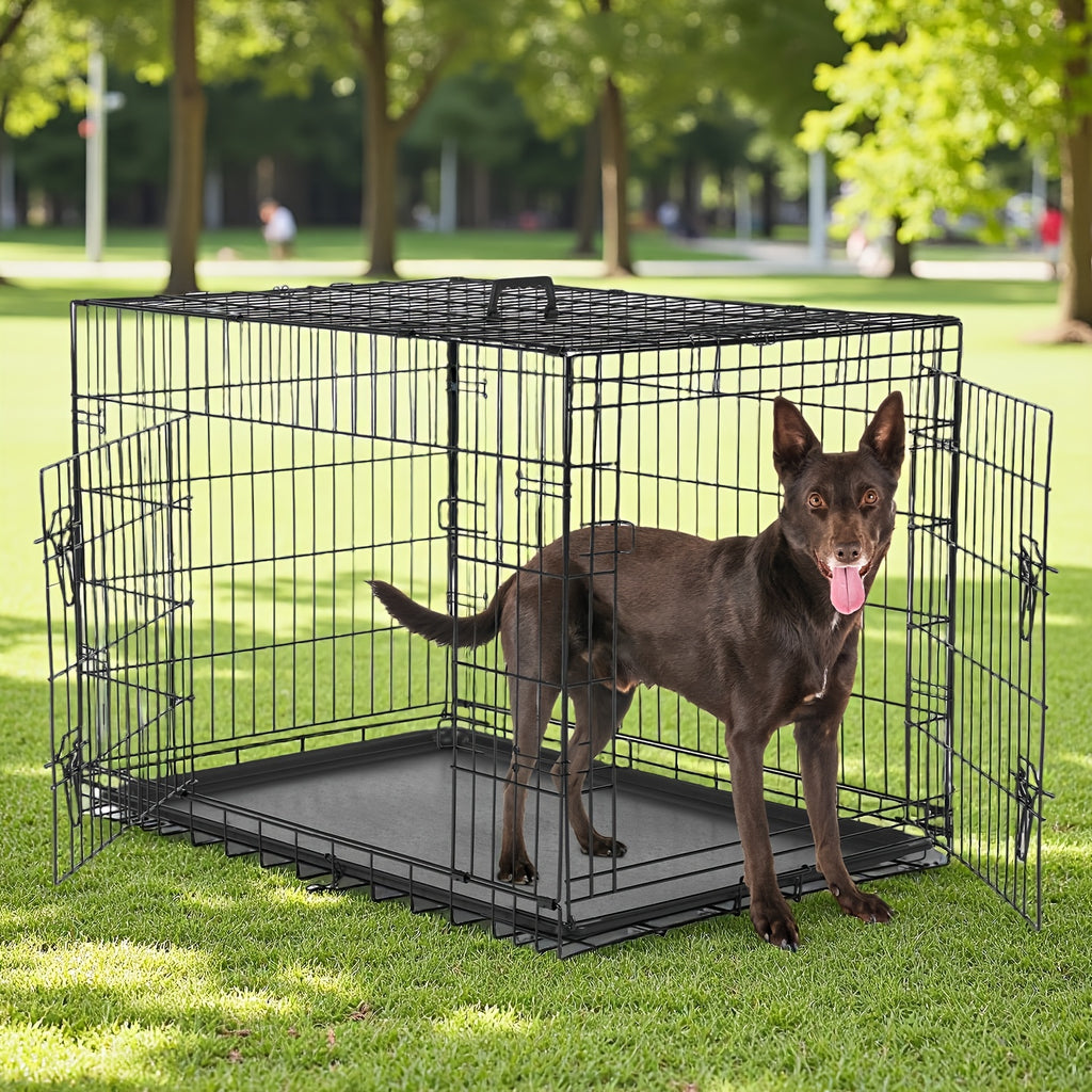 Folding Dog Crate 36 Inch with Divider and Removable Tray, Reinforced Metal Portable Pet Kennel for Indoor Use and Supervised Outdoor Setup