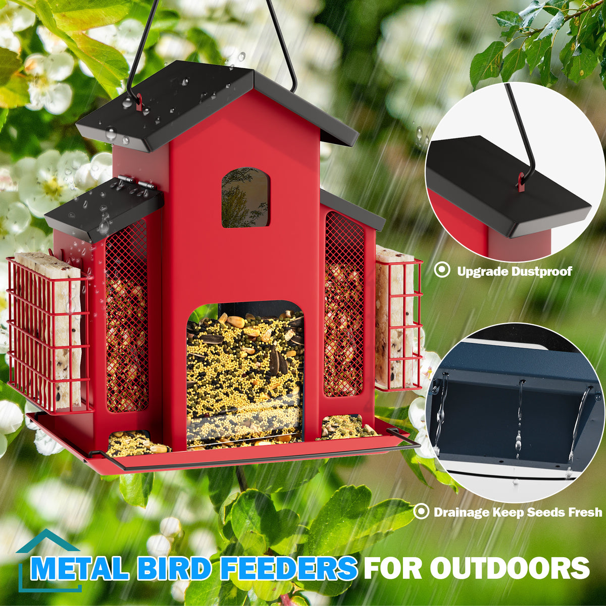 Hanging Metal Bird Feeder with Mesh Seed Compartments and Side Food Cages, House-Shaped Outdoor Feeding Station in Blue, Red or White for Backyard Birdwatching