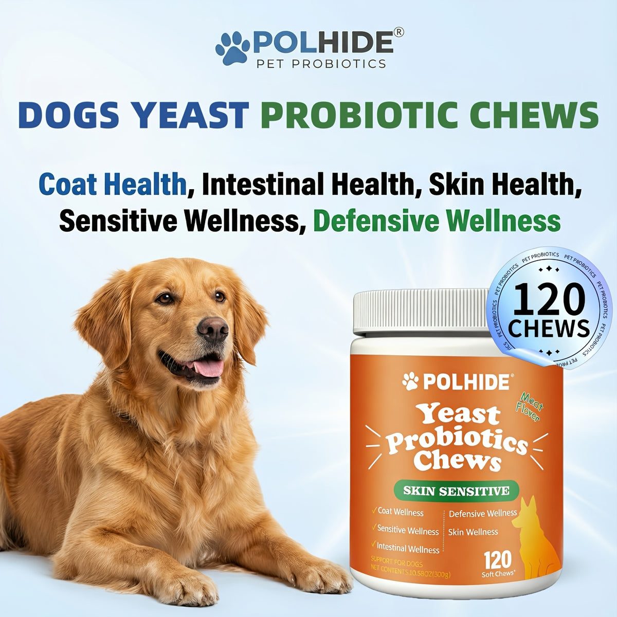 Meat Flavor Dog Probiotic Soft Chews, 120 Count Yeast Probiotic Supplement with Coat and Intestinal Care Labeling for Canine Wellness Routines