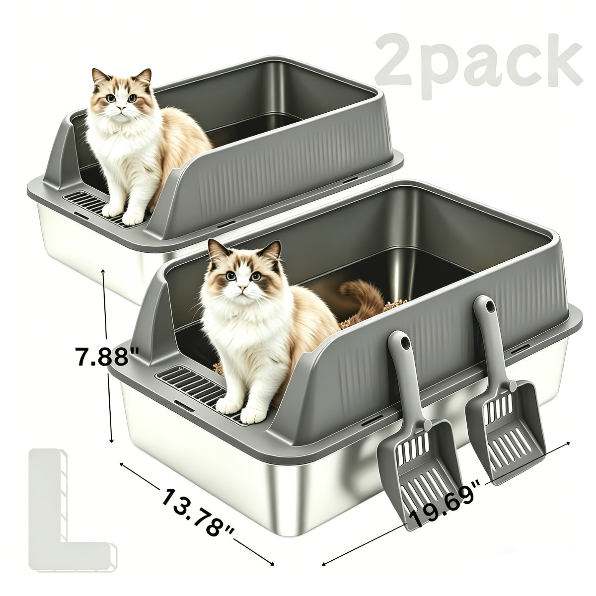 Stainless Steel Litter Box 2 Pack with High-Sided Open-Top Covers and Scoops, Easy-Clean Metal Cat Litter Pans in L or XL for Indoor Cat Care