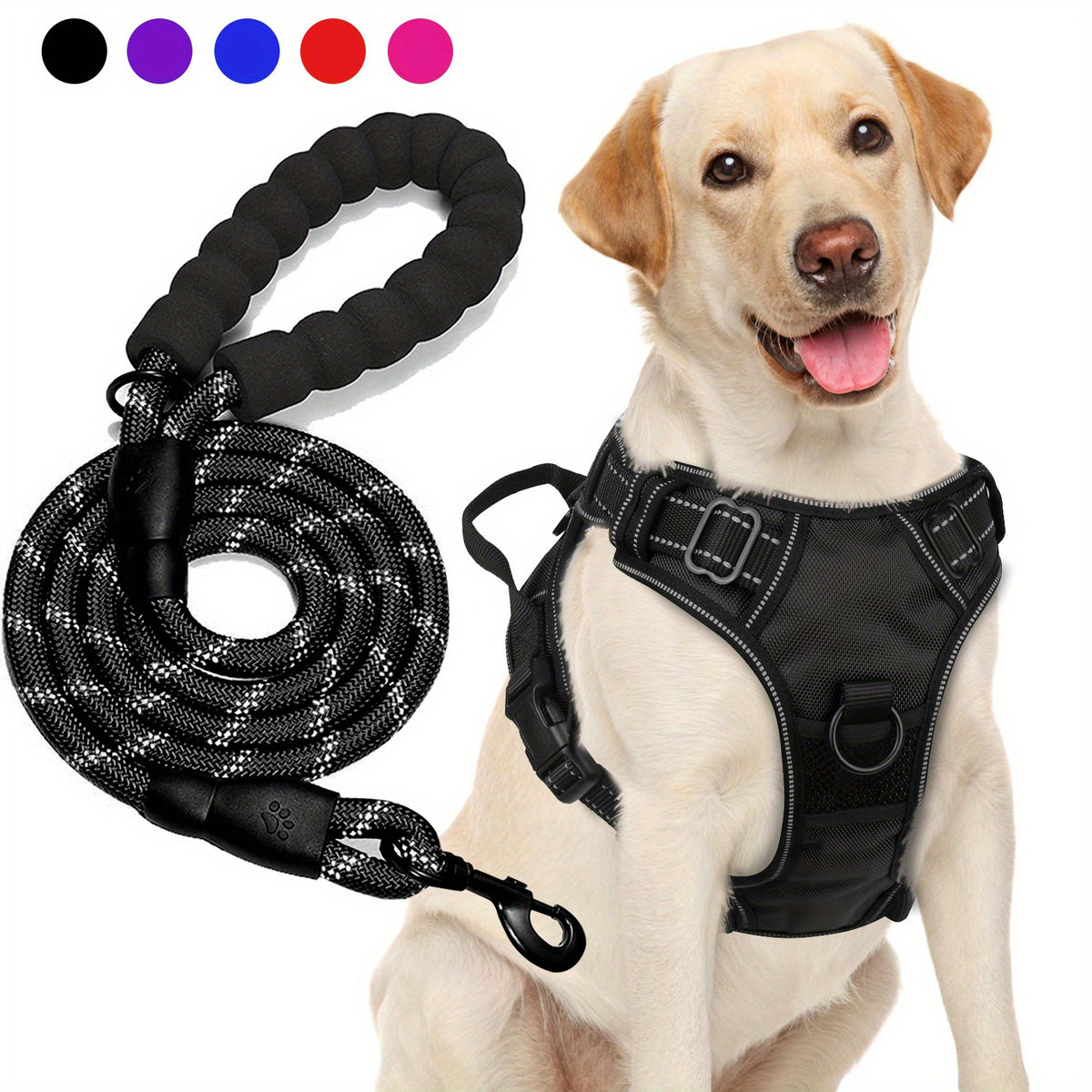 Oxford Dog Harness and Rope Leash Set, Adjustable Reflective Mesh-Padded Walking Vest with Four Fit Points and 5-Foot Padded-Handle Lead, S to XL