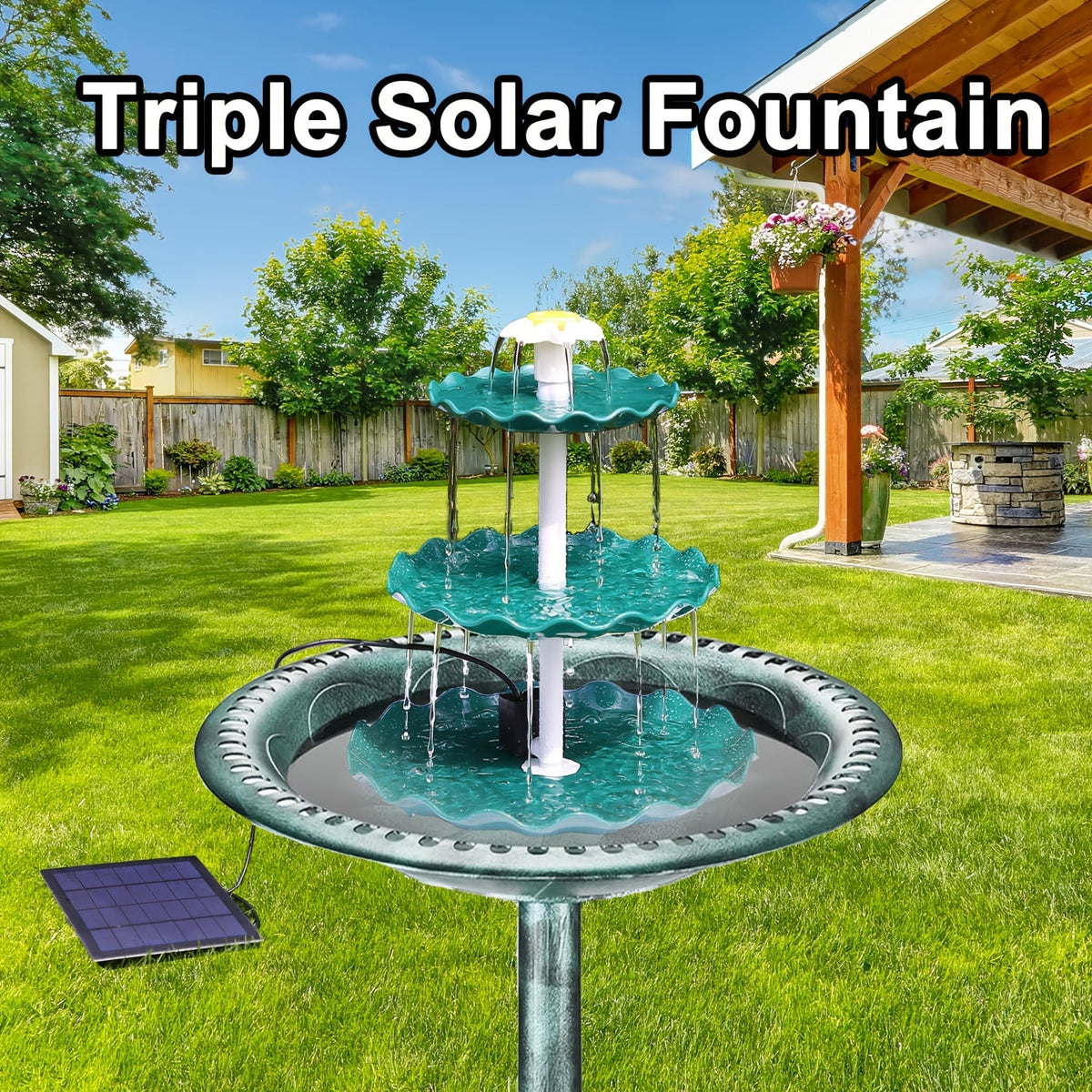 Solar Fountain Bird Bath in Light Blue, Three-Layer Flowing Water Feature for Outdoor Garden, Patio and Courtyard Decor with 3.5W Solar Power