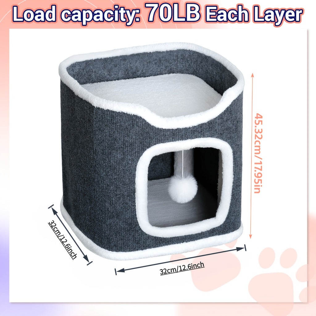Cat Tree with Three-Layer Foldable Tower, Indoor Cat Condo with Cozy Top Bed, Hanging Ball Toys and Scratch-Resistant Surface for Small Spaces