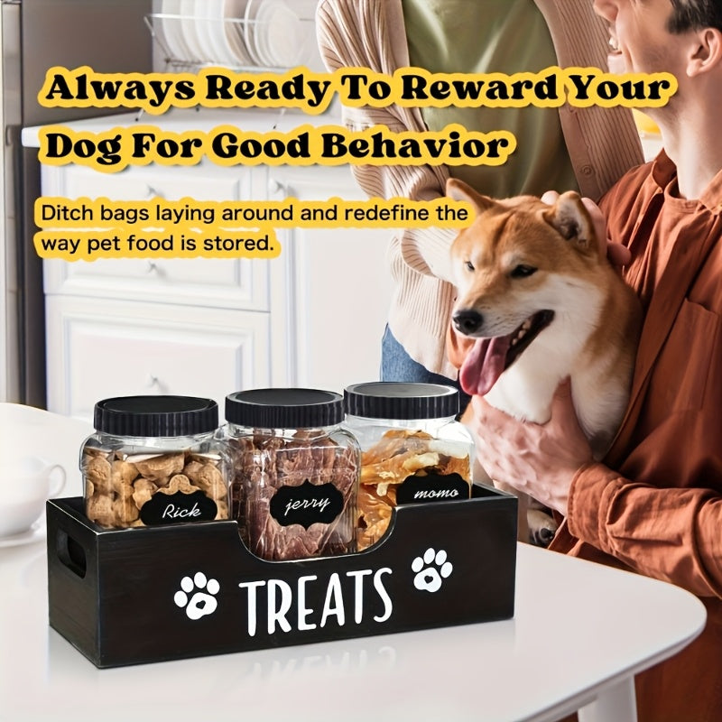 Pet Treat Jar Organizer with Paw Print Pattern, Farmhouse Countertop Holder for 3 Jars, Faux Wood Look in Black or White for Dog Owners