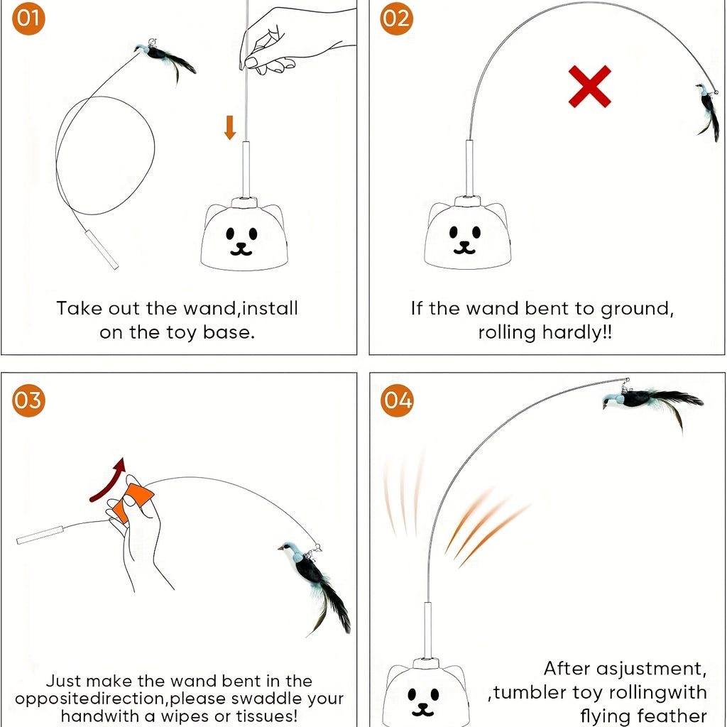 Automatic Bird Cat Toy with Rotating Feather Wand, USB Rechargeable Suction Cup Teaser with Touch Wake-Up for Supervised Indoor Play, White or Black