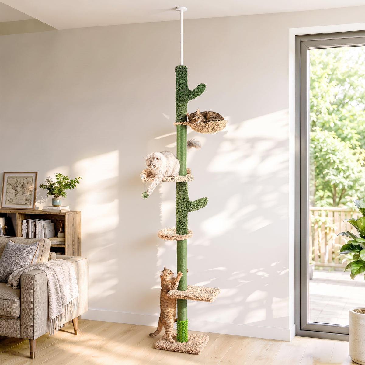 Floor to Ceiling Cat Tree with Hammock, Adjustable Cactus Cat Tower with Sisal Scratching Post, Faux-Fur Platforms and Interactive Playball for Indoor Cats