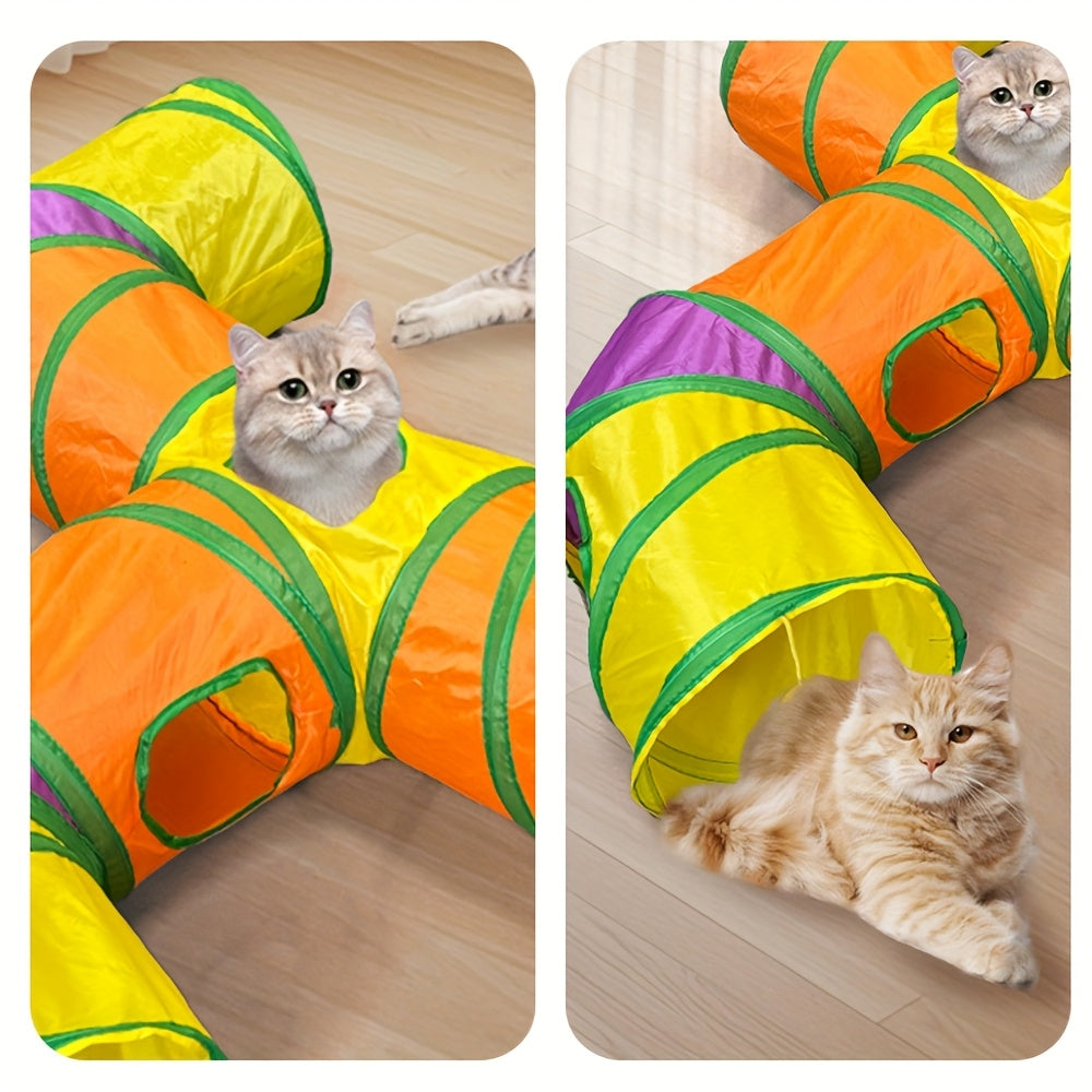 T-Shaped Cat Tunnel with Hanging Ball, Collapsible Polyester Play Tube with Multiple Entrances for Indoor Cat Hide-and-Seek and Daily Exploration
