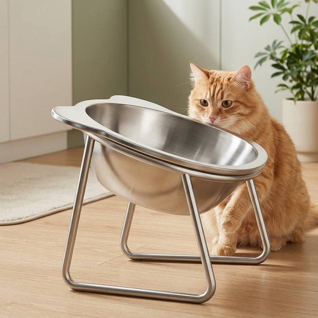Stainless Steel Cat Ear Bowls with 15 Degree Tilted Elevated Stands, 2 Sets of Raised Pet Dishes for Everyday Food and Water