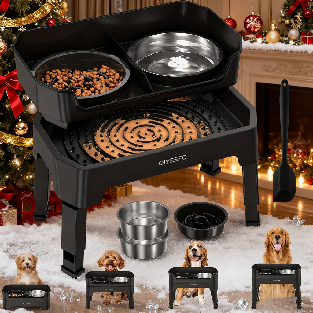 Splash Guard Elevated Dog Bowls with Four Adjustable Heights, Two 53oz Stainless Steel Bowls and Non-Slip Feet for Everyday Food and Water