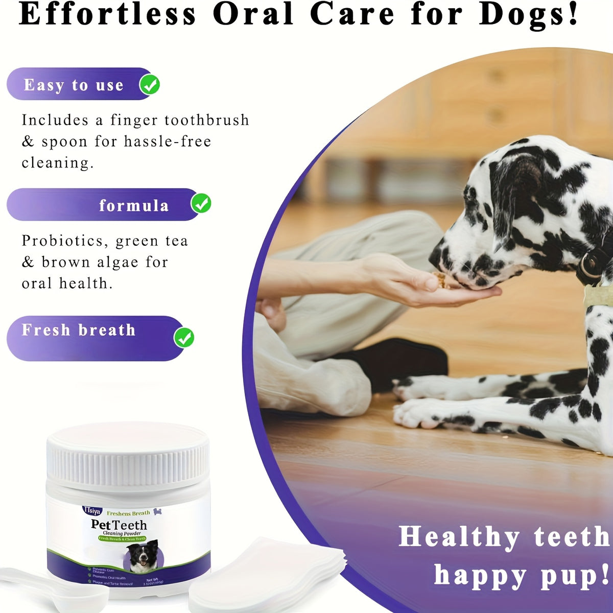 Dog Teeth Cleaning Powder 100g, Sprinkle-on-Food Pet Dental Care Powder for At-Home Canine Oral Hygiene and Everyday Meal-Time Care Routines