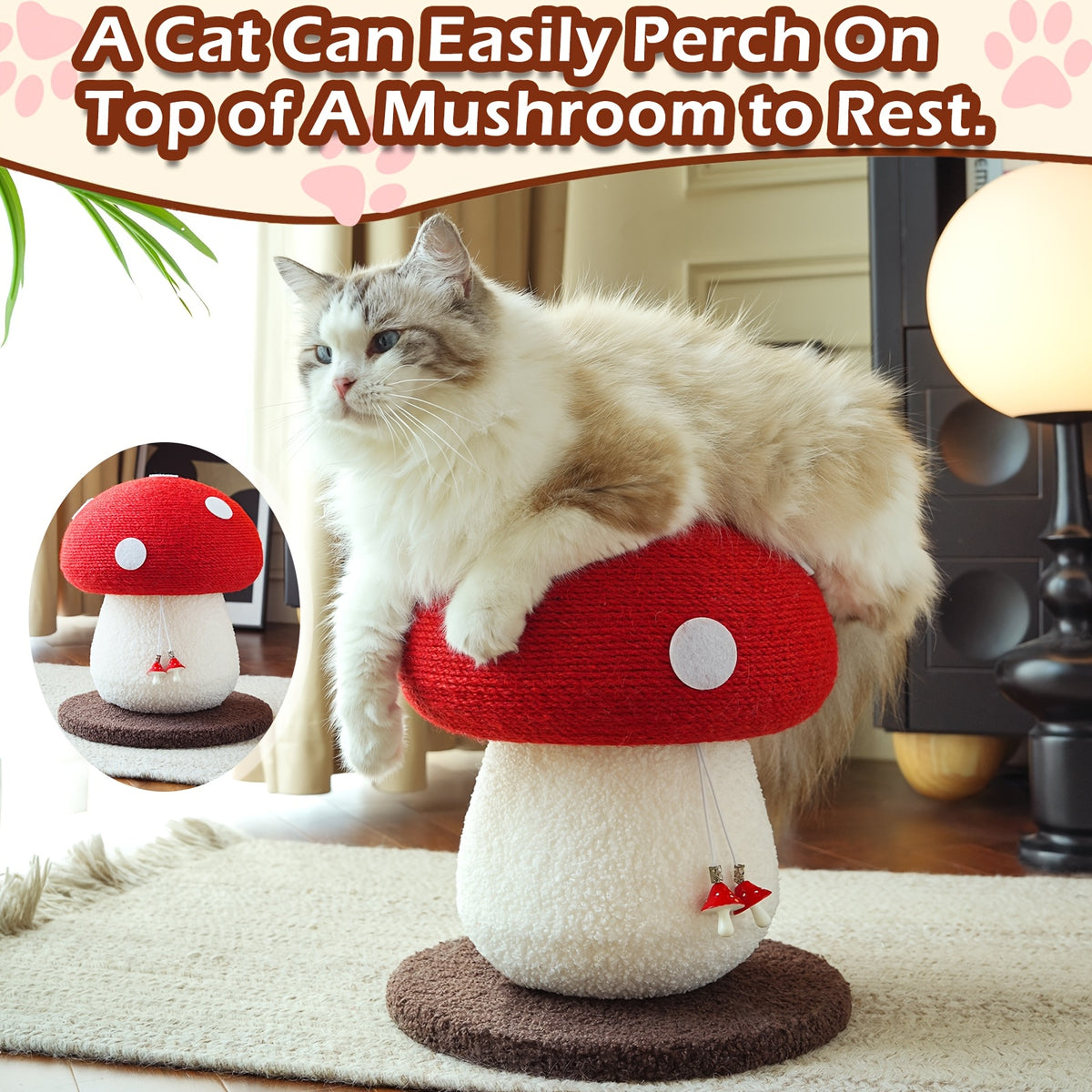Mushroom Cat Scratching Post with Sisal Surface, Interactive Cat Scratcher Toy for Indoor Cats and Kittens, Everyday Scratch and Play