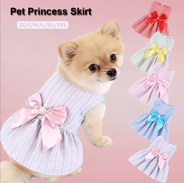 Striped Pet Dress Set, 5-Piece Bow Princess Dresses for Small and Medium Dogs and Cats, Five Colors for Dress-Up and Photos, XS–XXL