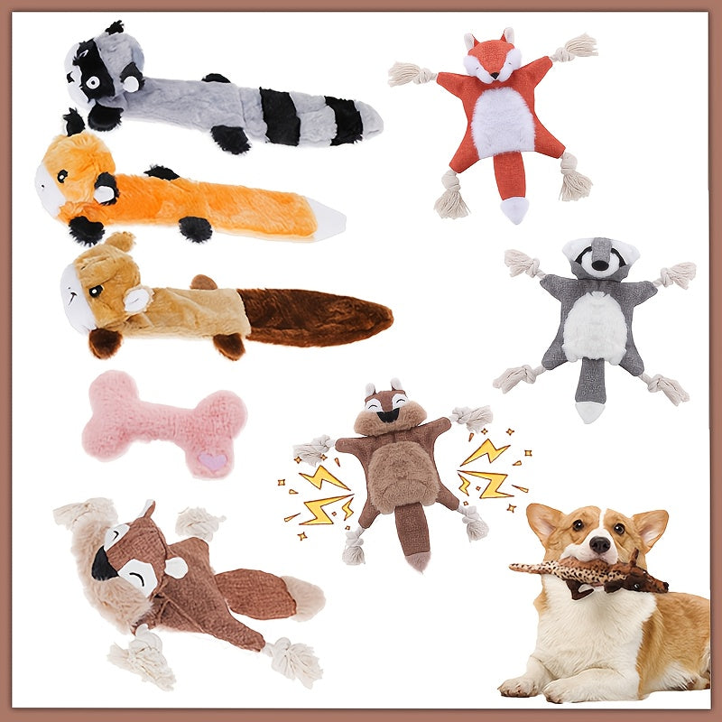 Squeaky Dog Toy Assortment with Rope and Plush Animal Designs, Random 6, 8 or 10 Piece Packs for Supervised Gentle Tug and Interactive Play