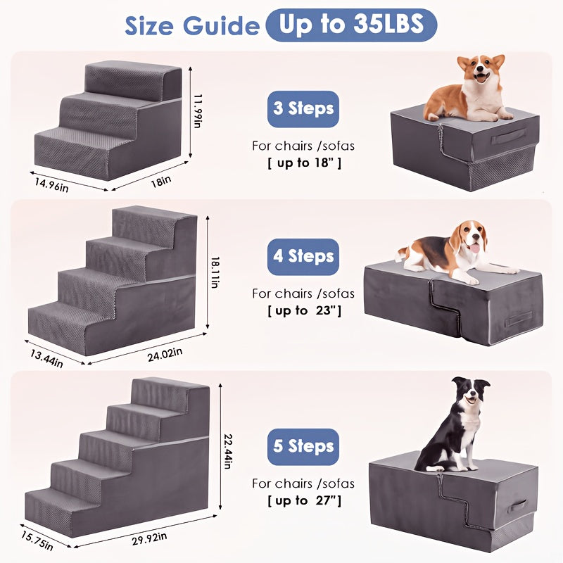 Right Angle Dog Stairs for Bed and Couch, Gray High-Density Foam Pet Steps with Non-Slip Design in 3, 4 or 5-Step Options for Dogs and Cats