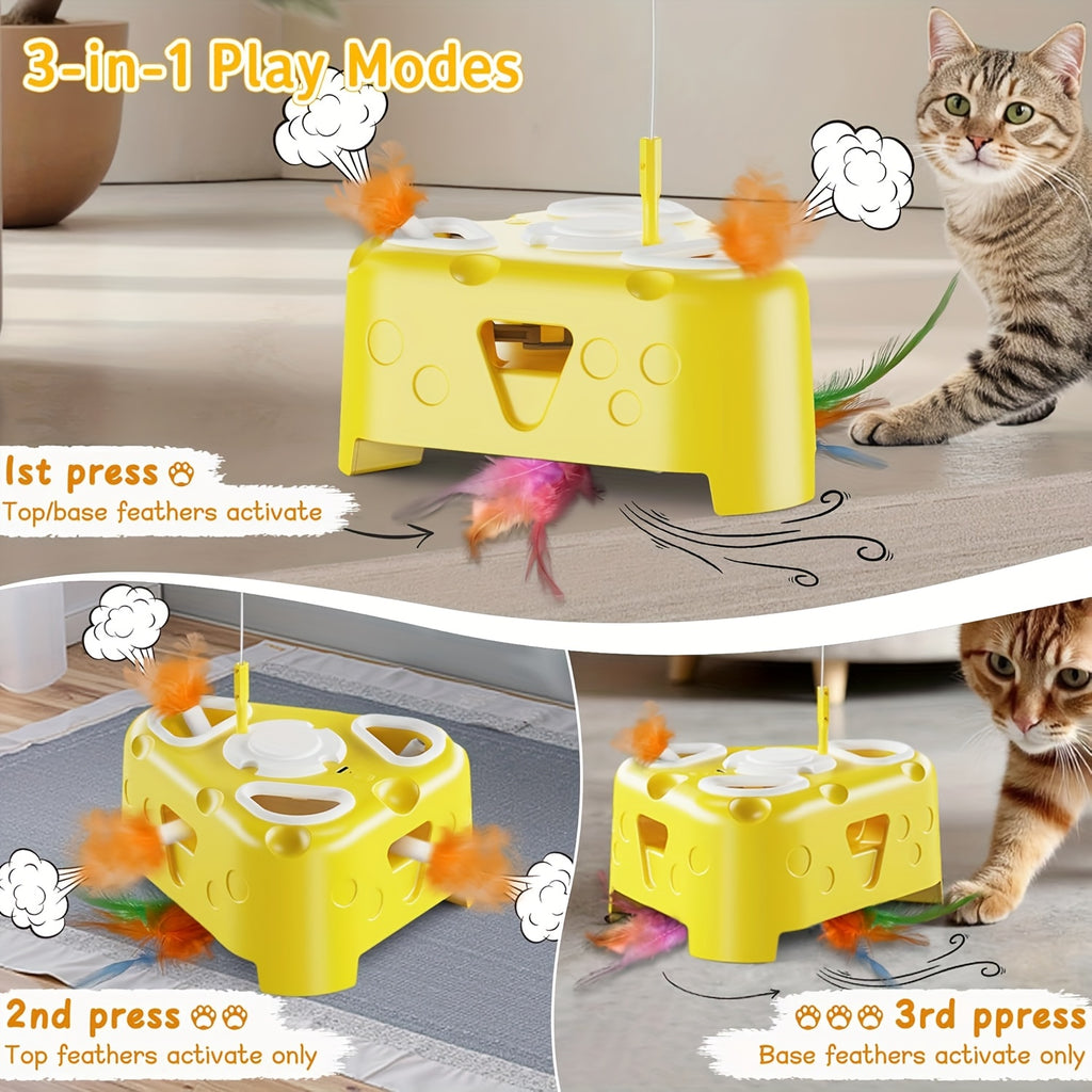 Interactive Cat Toy with Cheese-Shaped Base, 6-Hole Pop-Up Feathers and Flying Bird Wand, USB Rechargeable 3-Mode Toy for Indoor Cat Play