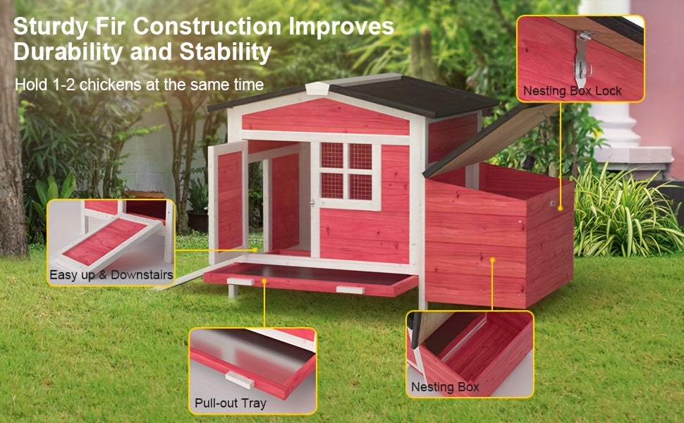 Chicken Coop Outdoor Wooden Hen House with Nesting Box, Ramp, Removable Tray and Lockable Doors, Elevated Fir Wood Poultry Hutch with Sloped Asphalt Roof, 42 x 25 x 28 Inches
