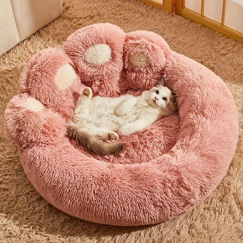 Long Plush Pet Bed with Bear Paw Shape, PP Cotton Filled Dog and Cat Sleeping Cushion with Anti-Slip Bottom, Single Bed and 2PCS Options
