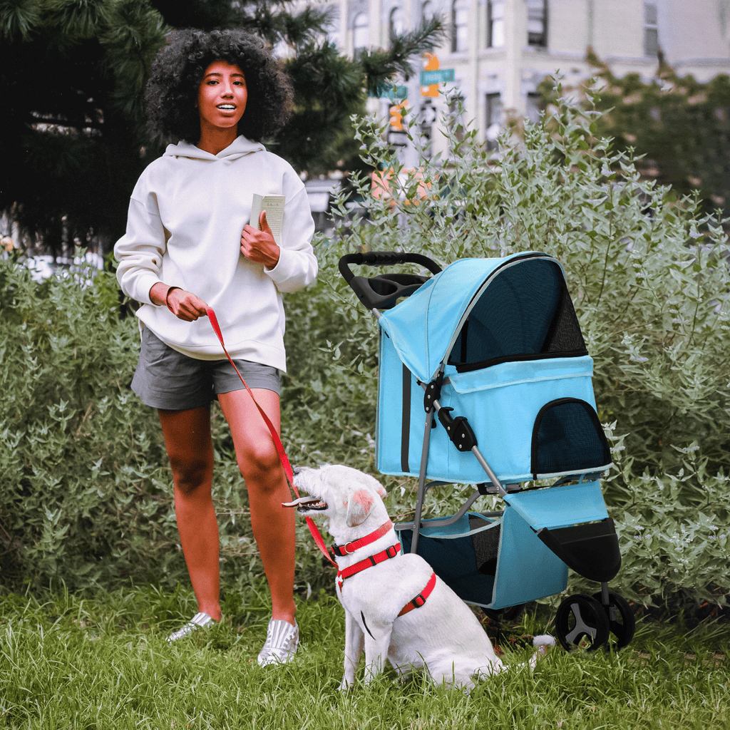 Three-Wheel Dog Stroller with Weather Cover, Foldable Mesh Pet Pushchair for Small Dogs and Cats, Storage Basket, Cup Holder and 10 Style Options