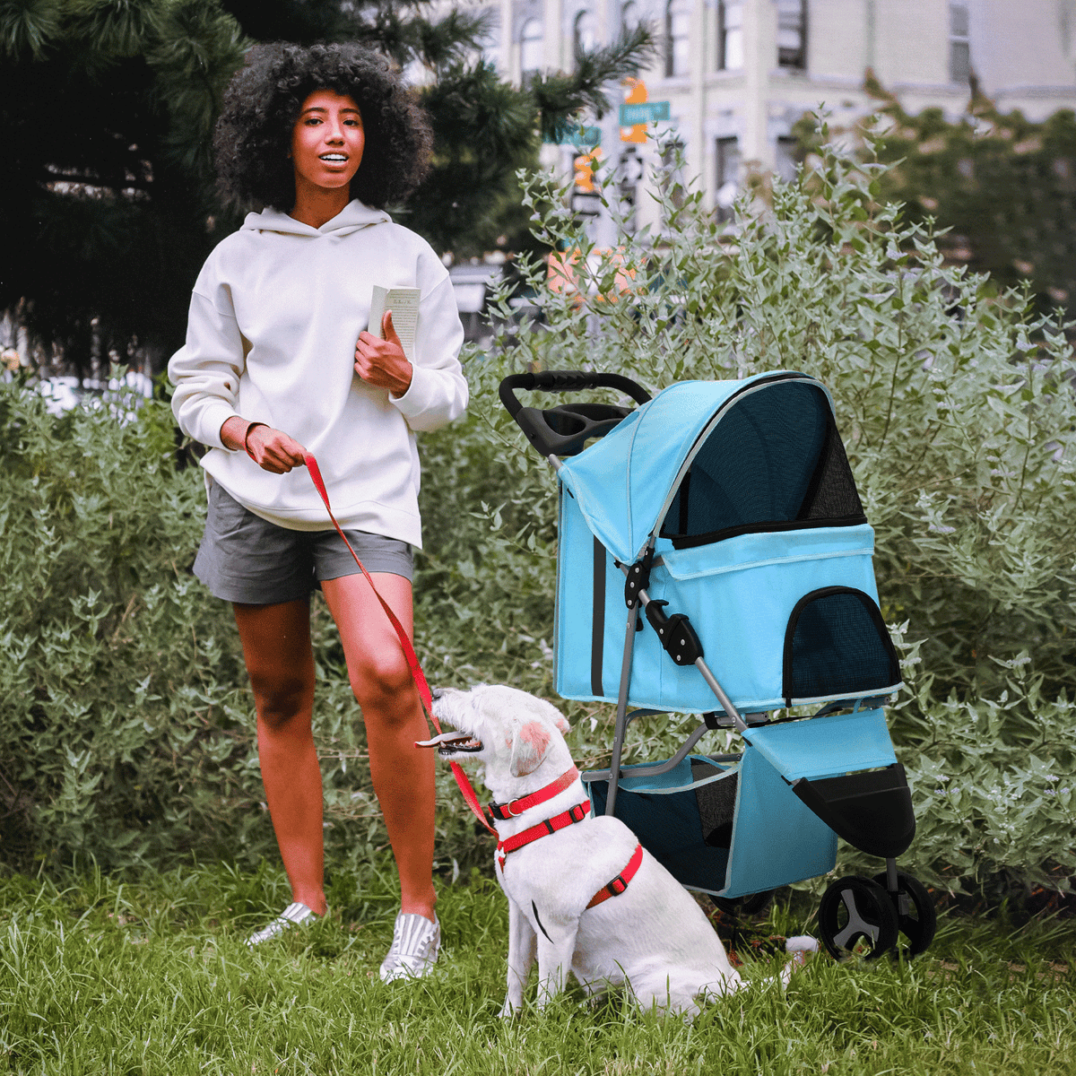 Three-Wheel Dog Stroller with Weather Cover, Foldable Mesh Pet Pushchair for Small Dogs and Cats, Storage Basket, Cup Holder and 10 Style Options