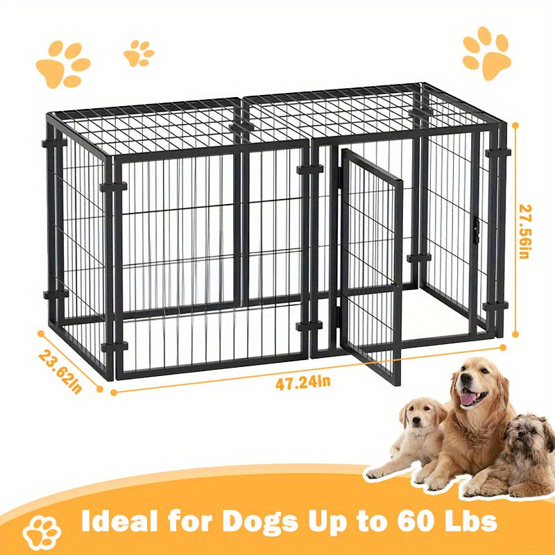 Dog Playpen with Roof and Lockable Door, Heavy-Duty Metal Panel Pet Enclosure for Large Dogs, Indoor Outdoor Use, Model MD25-Pen47-Metal