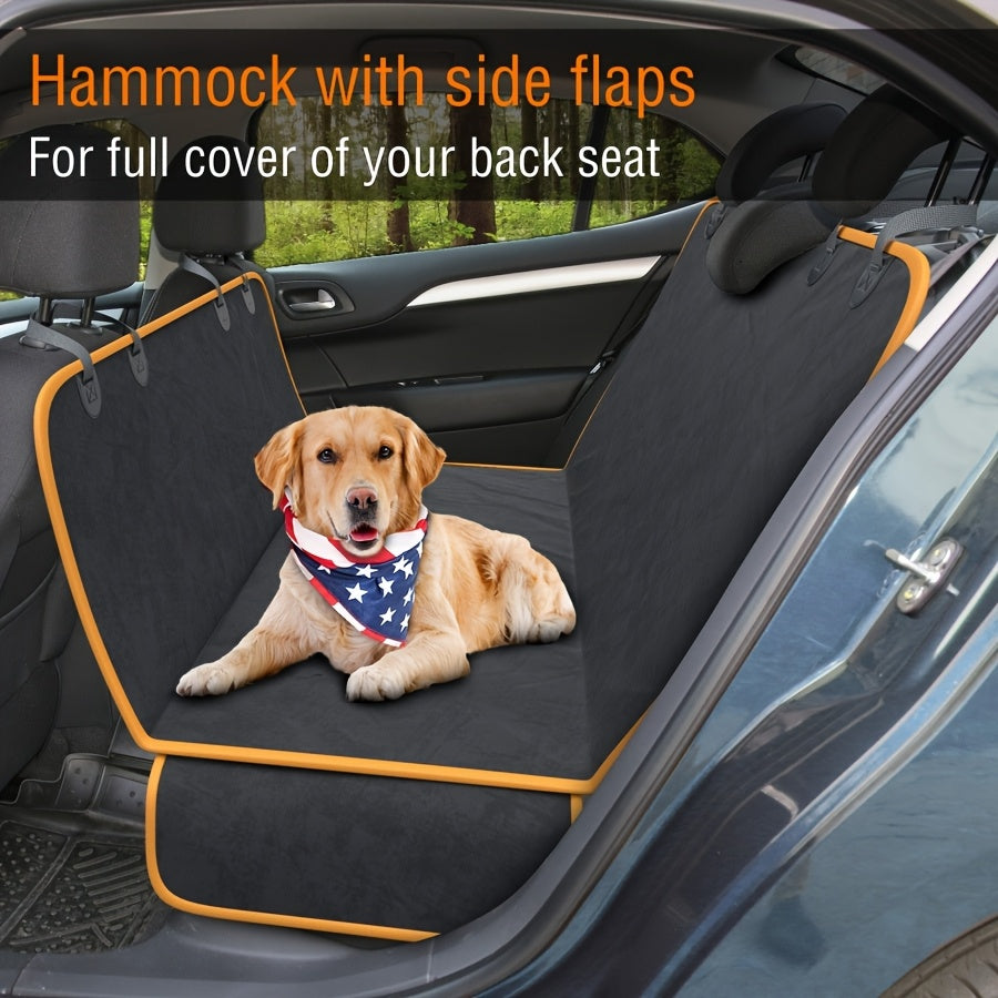 600D Dog Car Seat Cover, Foldable Padded Back Seat Hammock and Cargo Liner with Headrest Anchors for Cars, SUVs and Trucks, Black or Orange Trim