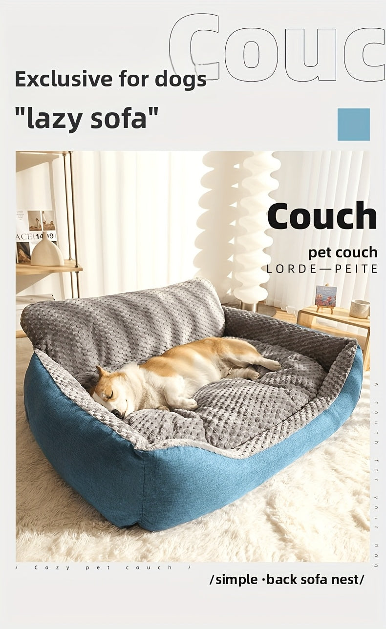 High Back Dog Sofa Bed with Plush Textured Cushion, Blue and Gray Bolster Pet Couch in Four Sizes for Small to Large Dogs and Cozy Indoor Rest