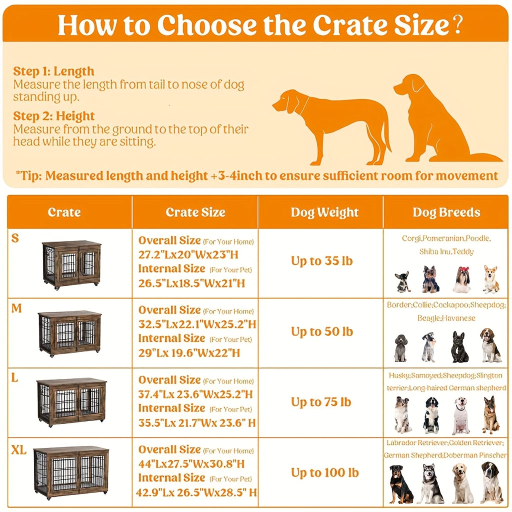 Wooden Dog Crate Furniture with Cushion Mat, 4 Sizes, Metal Bar Kennel End Table with Secure Lock, Reversible Side Door, Wheels or Anti-Slip Feet, Gray or Brown for S to XL Dogs
