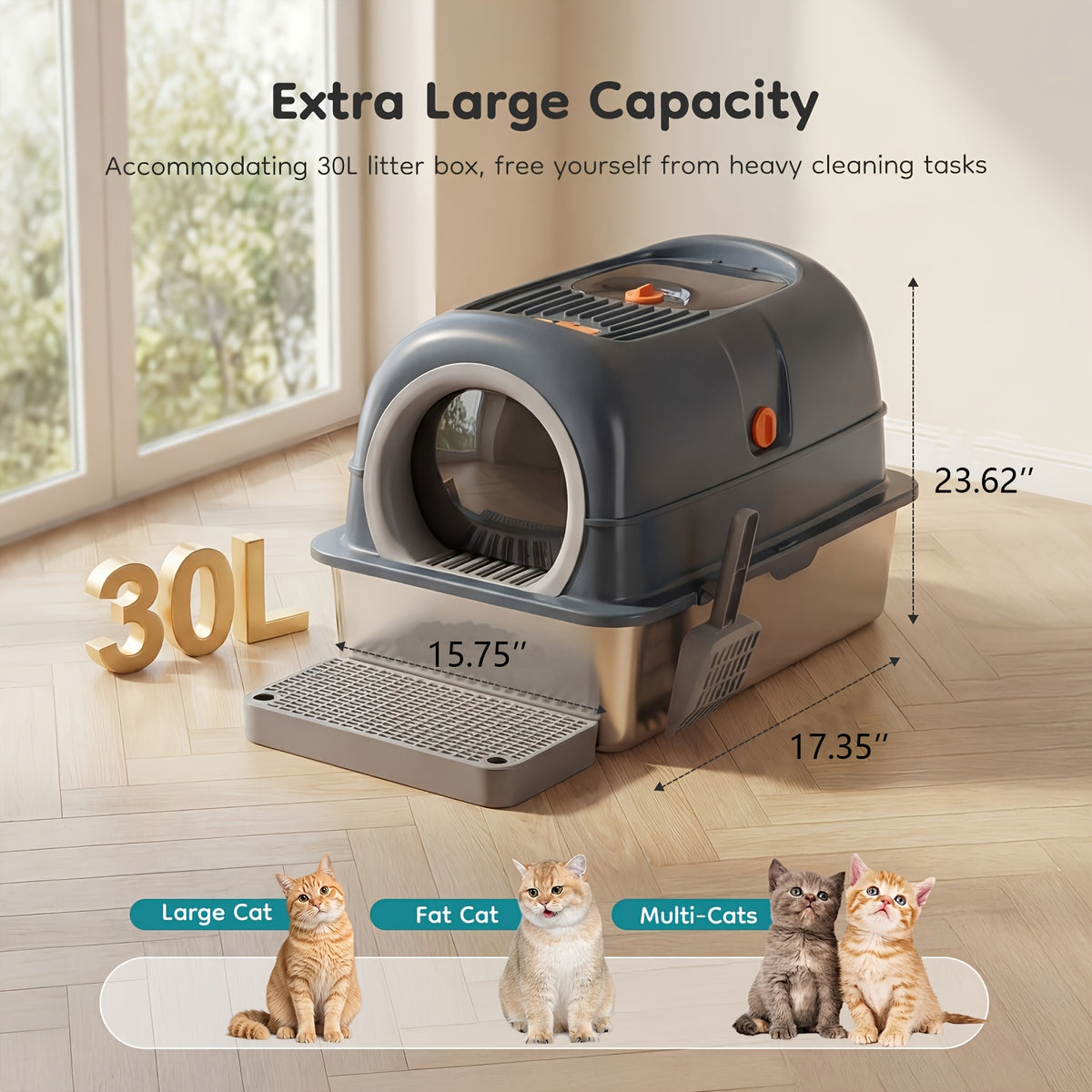 Front Entry Top Exit Stainless Steel Litter Box with Lid, Extra Large Black Enclosed Cat Toilet with Convertible Cover, Litter Scoop and Mat