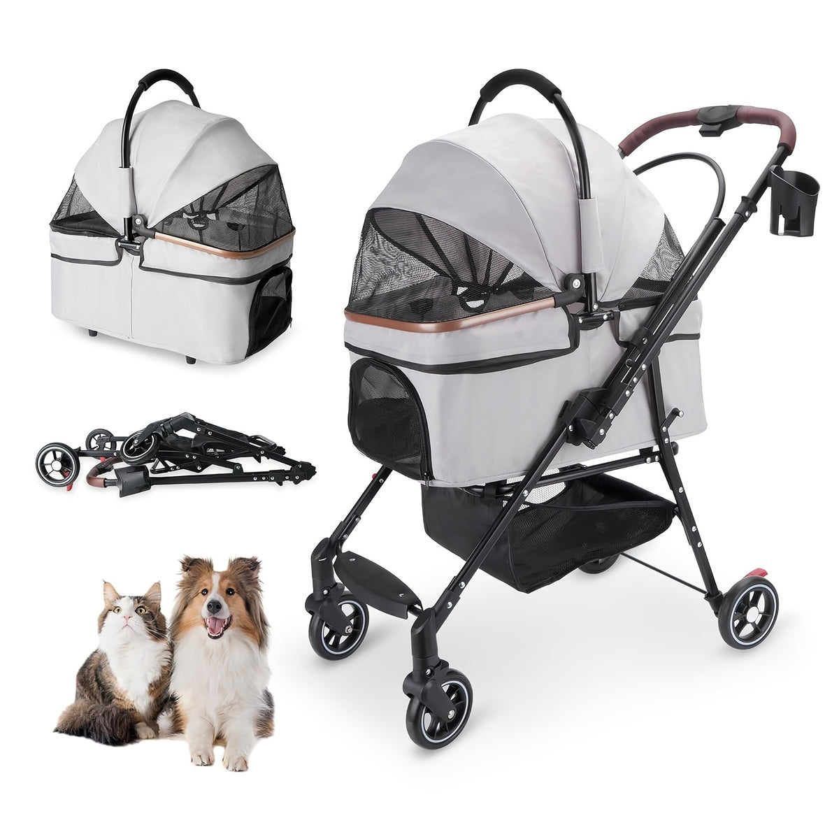 Convertible Pet Stroller with Removable Carrier, Foldable Dog and Cat Pushchair with Mesh Canopy, Storage Basket and Cup Holder in Four Colors