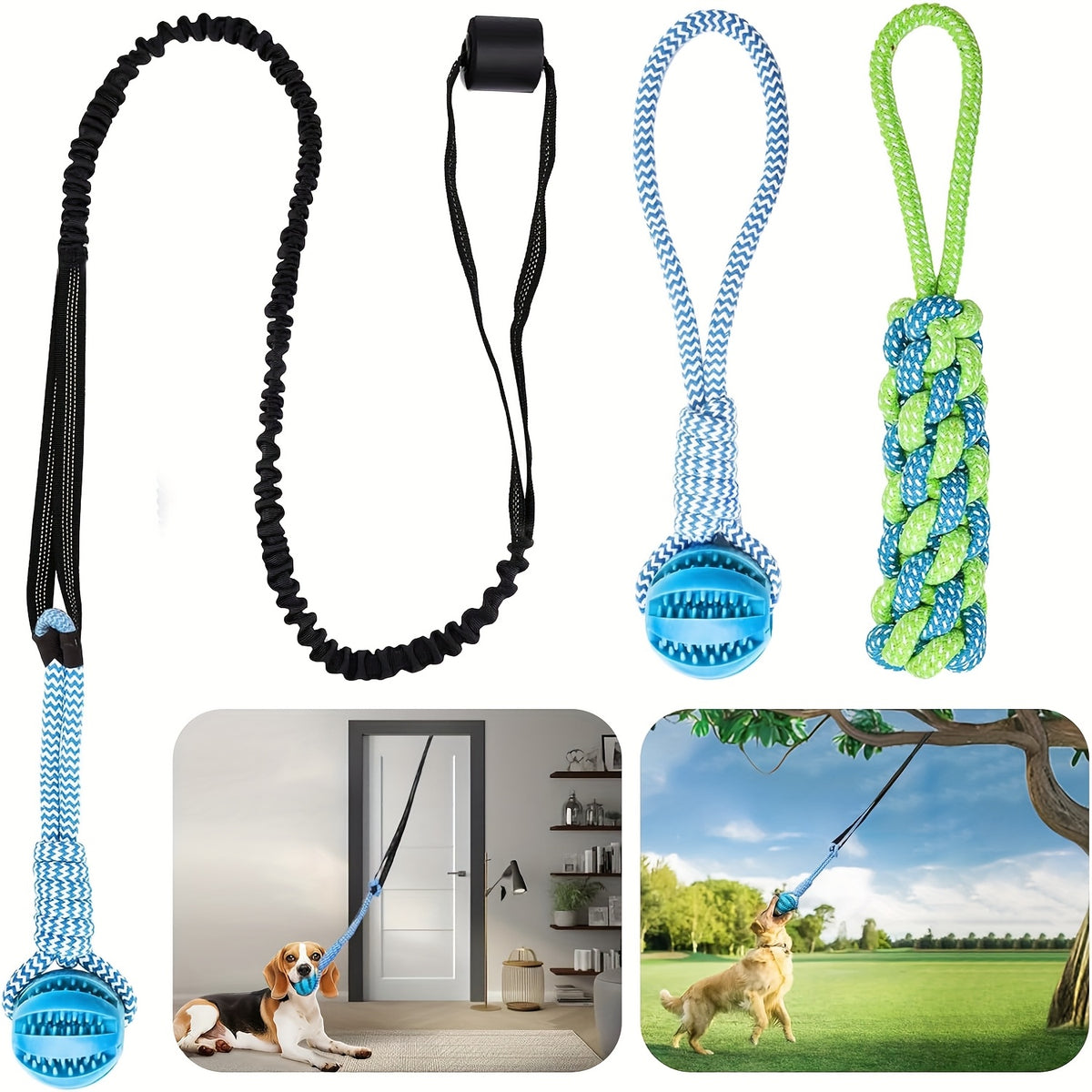 Dog Bungee Tug Toy Set for Small and Medium Dogs, Tree Hanging Tether with Two Chew Ropes and Puzzle Ball for Interactive Backyard Play