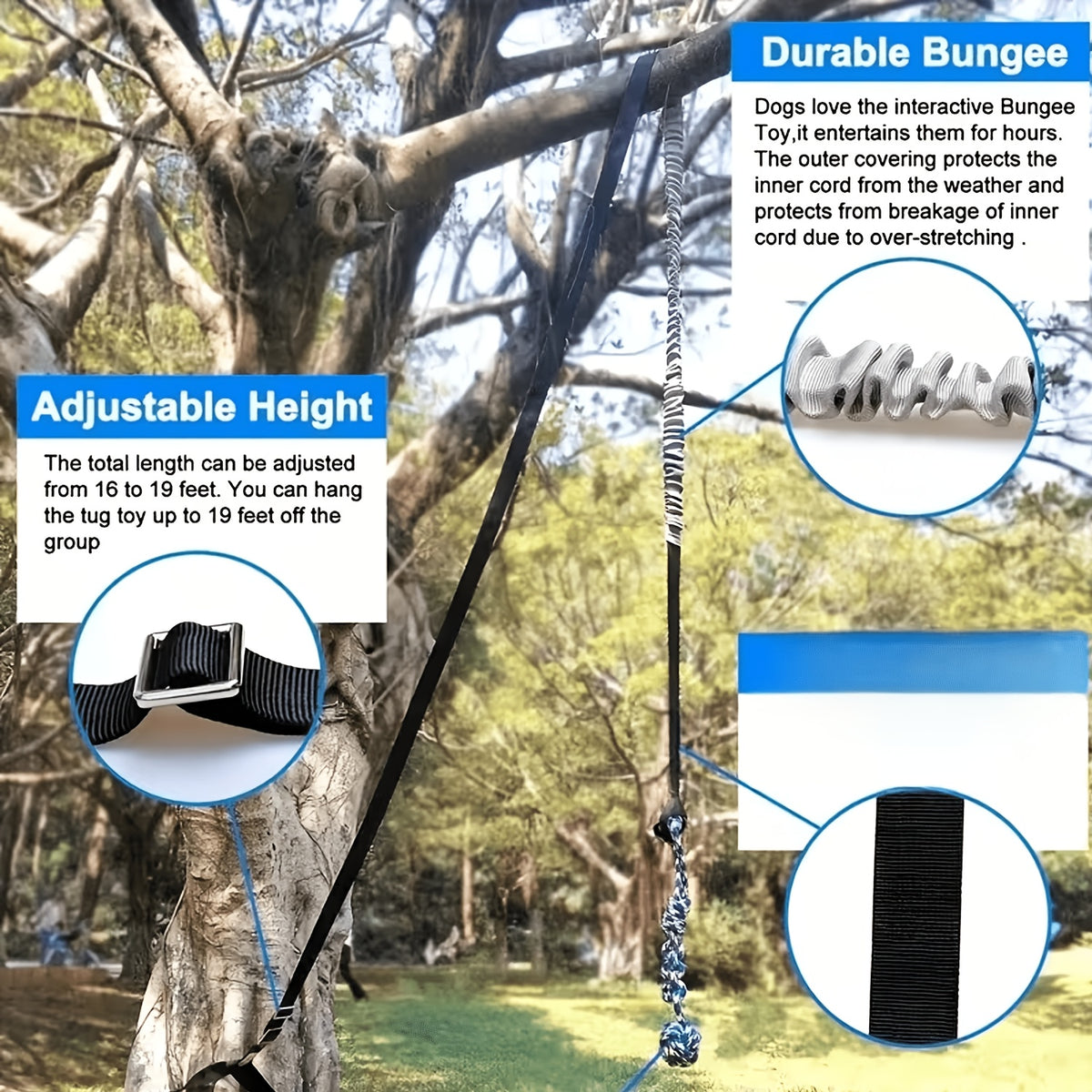 Tree Hanging Dog Tug Toy with Bouncy Tether and Chew Rope, Black Outdoor Tug of War Toy for Supervised Backyard Play with Small to Large Dogs