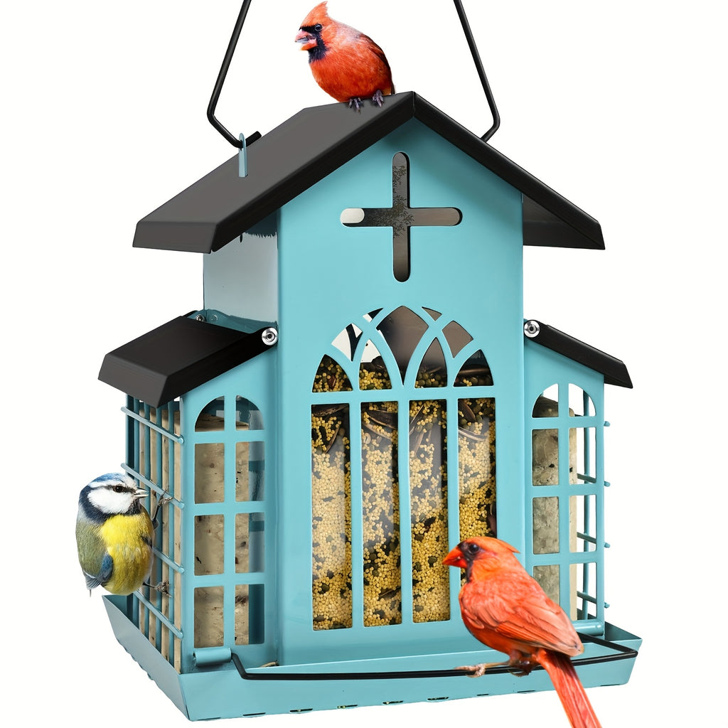 Vintage Metal Bird Feeder for Outside, Triple Mesh Seed Feeding Areas with Hanging Chains and Decorative Window Cut-Outs for Backyard Birdwatching